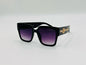Bold black square sunglasses with gold accents and purple gradient lenses
