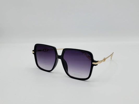 Bold black and gold square sunglasses with gradient purple lenses – statement female eyewear

