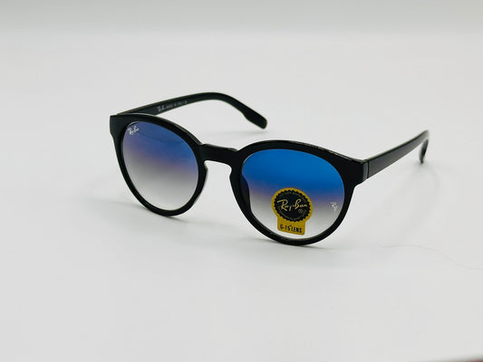 Black round sunglasses with gradient blue mirror lenses and a retro-modern style