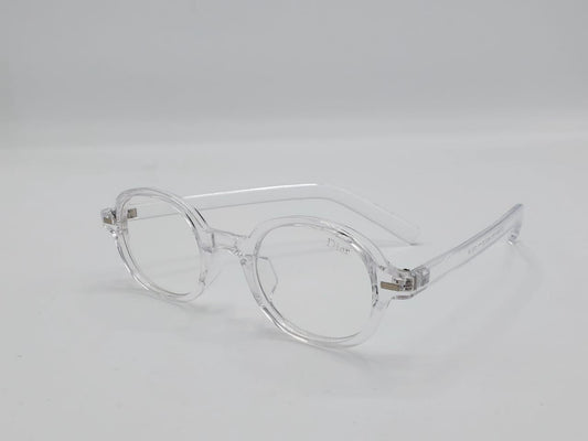 Transparent round eyeglass frame with clear arms and minimal design.