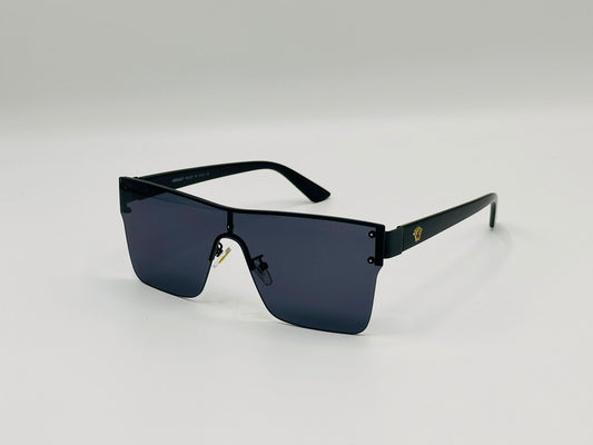 Futuristic shield sunglasses in jet black with dark lens and gold detail