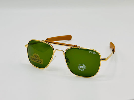 Gold frame aviator sunglasses with green lenses 
