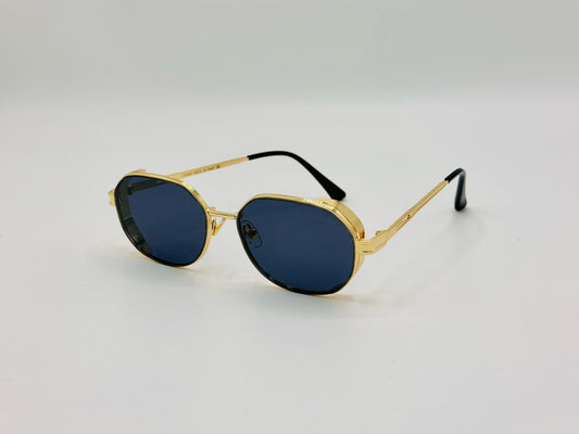 Retro oval sunglasses with gold frame and dark black lenses 
