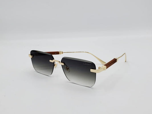 Rimless luxury sunglasses with gold arms, wooden temples, and black fade lenses – unisex fashion accessory

