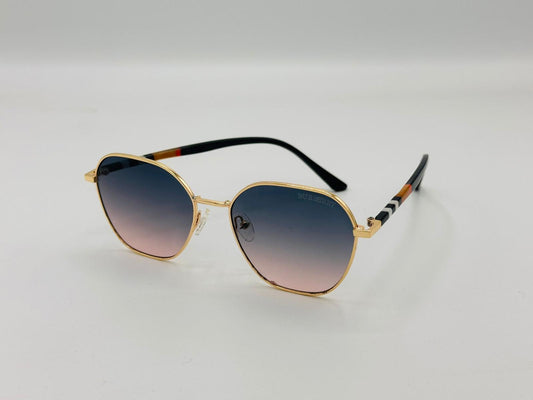 Gold frame sunglasses with gradient blue-pink lenses and striped temples on white background