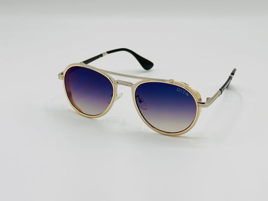 Gold frame aviator sunglasses with gradient blue to purple lenses, unisex luxury style