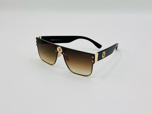 Black and gold square sunglasses with brown gradient lenses and luxury-style detailing