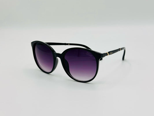 Black rounded cat-eye sunglasses with purple gradient lenses and gold detailing
