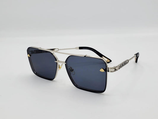 Square chrome sunglasses with dark lenses and cutout metal arms
