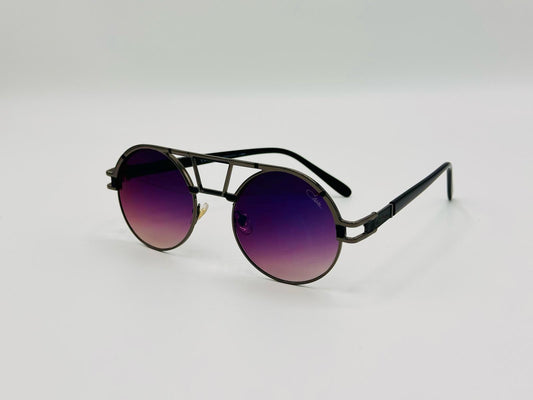 Round sunglasses with purple gradient lenses and a dual bridge design