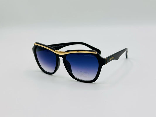 Black sunglasses with a gold bridge and blue gradient lenses on white background