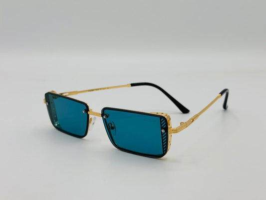 Gold rectangular sunglasses with teal lenses and black temple tips