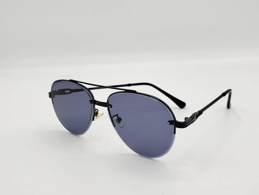 Rimless black aviator sunglasses with dark lenses and sleek metal frame