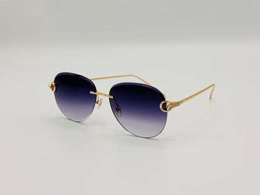 Black square sunglasses with violet gradient lenses and gold circular temple accents