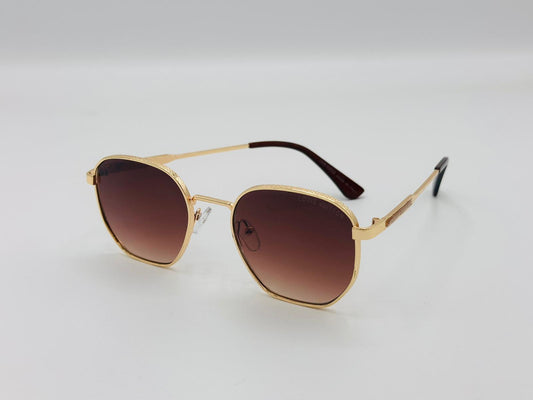 Gold metal sunglasses with amber gradient lenses and hexagonal shape
