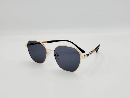 Gold hexagonal sunglasses with dark black lenses and striped arms