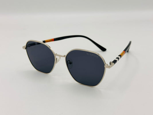 Silver hexagonal sunglasses with dark navy lenses and striped arms 